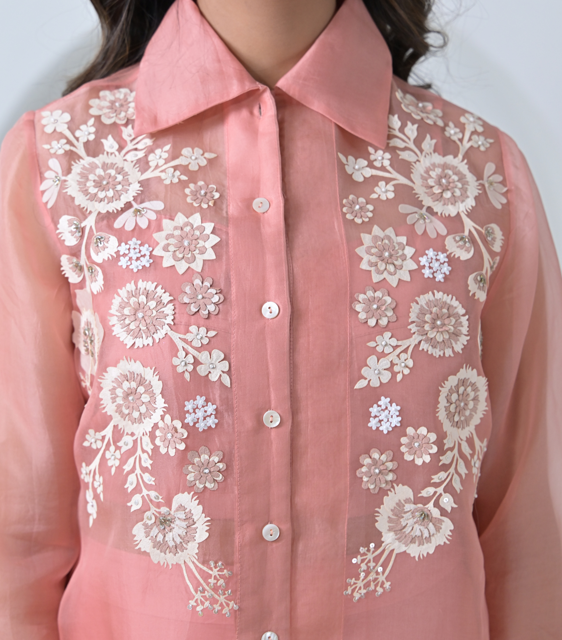 BLUSH PHOOL-PATTI ORGANZA SHIRT COORD SET
