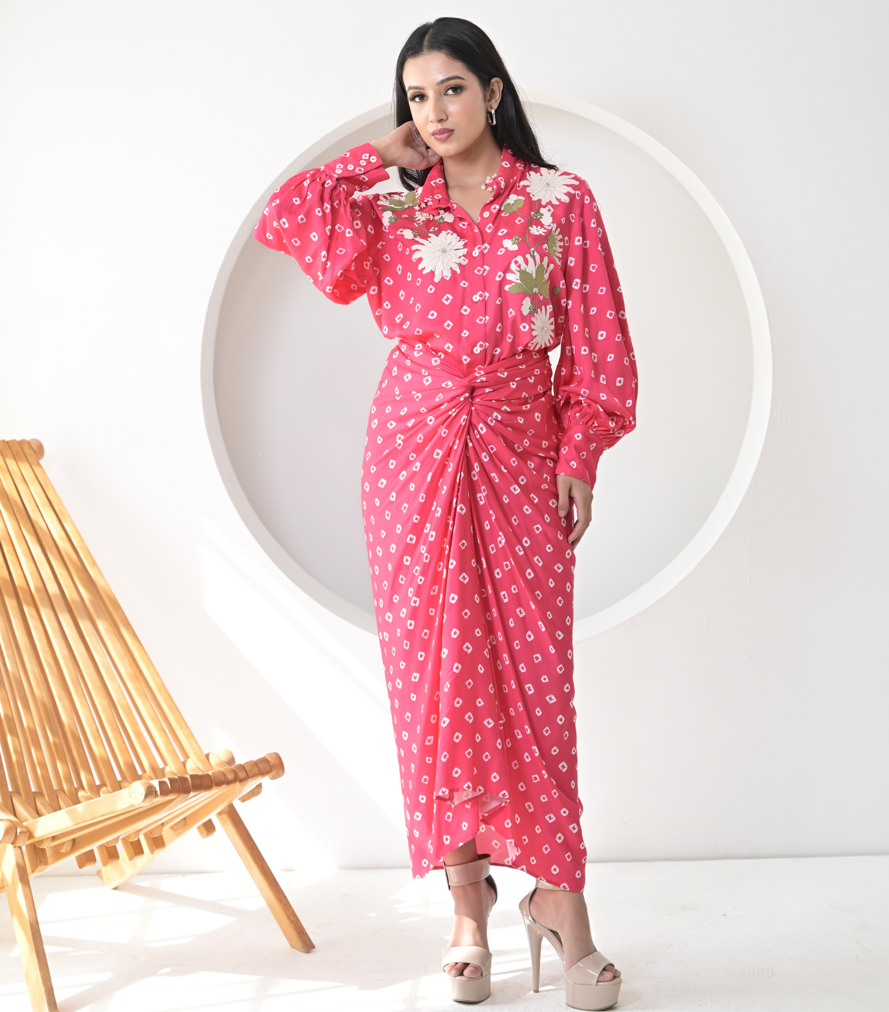 FLORET BANDHANI COLLAR WORK SHIRT WITH KNOT SKIRT SET