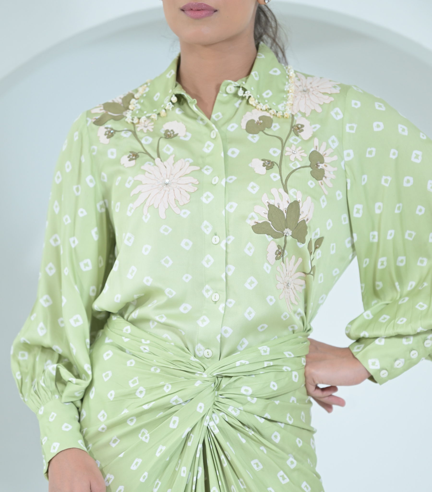 FLORET BANDHANI COLLAR WORK SHIRT WITH KNOT SKIRT SET