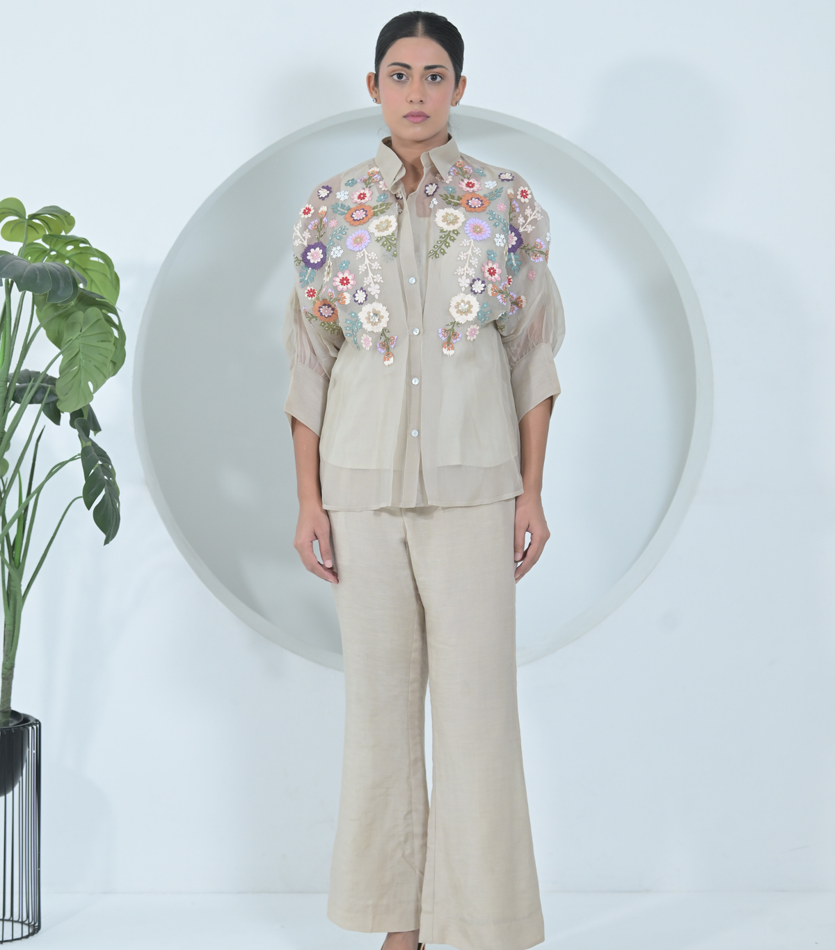 BEIGE FLORIUM SHIRT WITH PANT SET