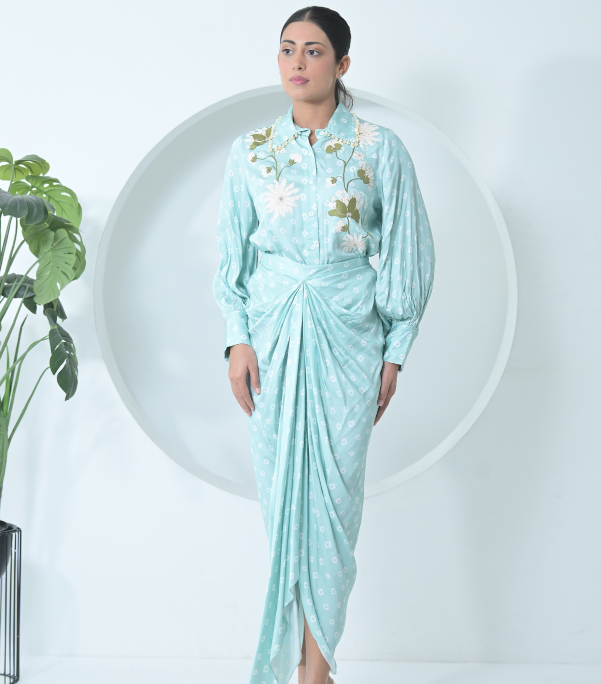 FLORET BANDHANI COLLAR WORK SHIRT WITH PLEATED SKIRT SET