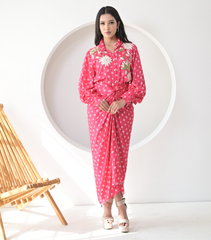 FLORET BANDHANI COLLAR WORK SHIRT WITH KNOT SKIRT SET