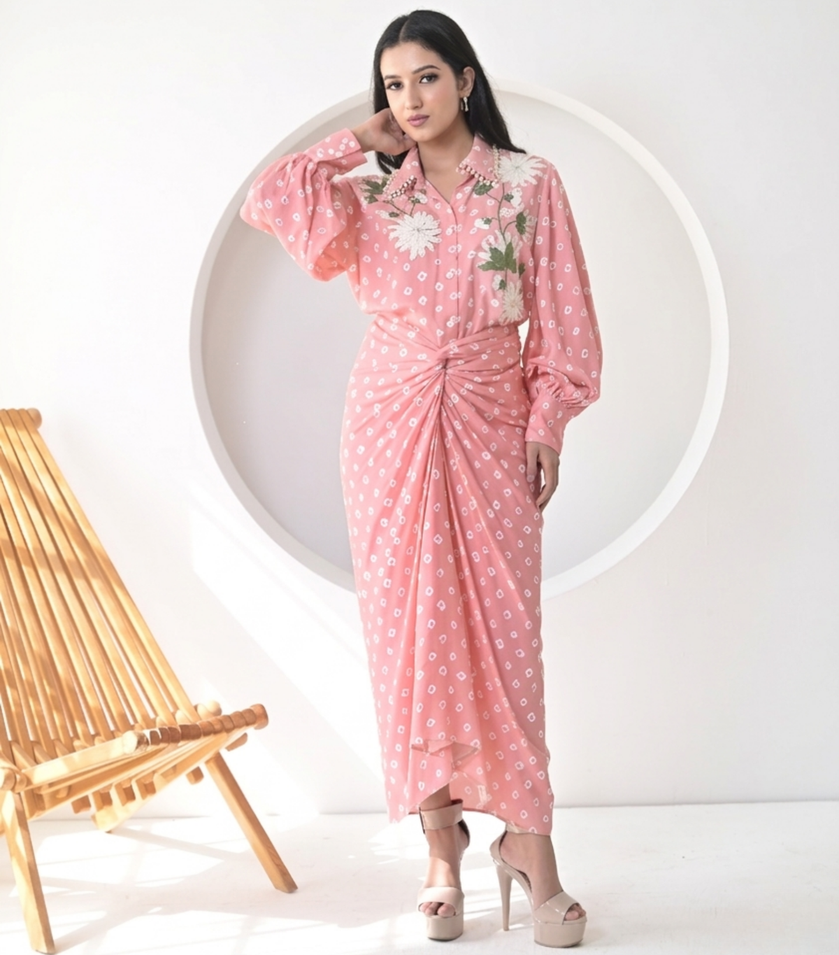 FLORET BANDHANI COLLAR WORK SHIRT WITH KNOT SKIRT SET