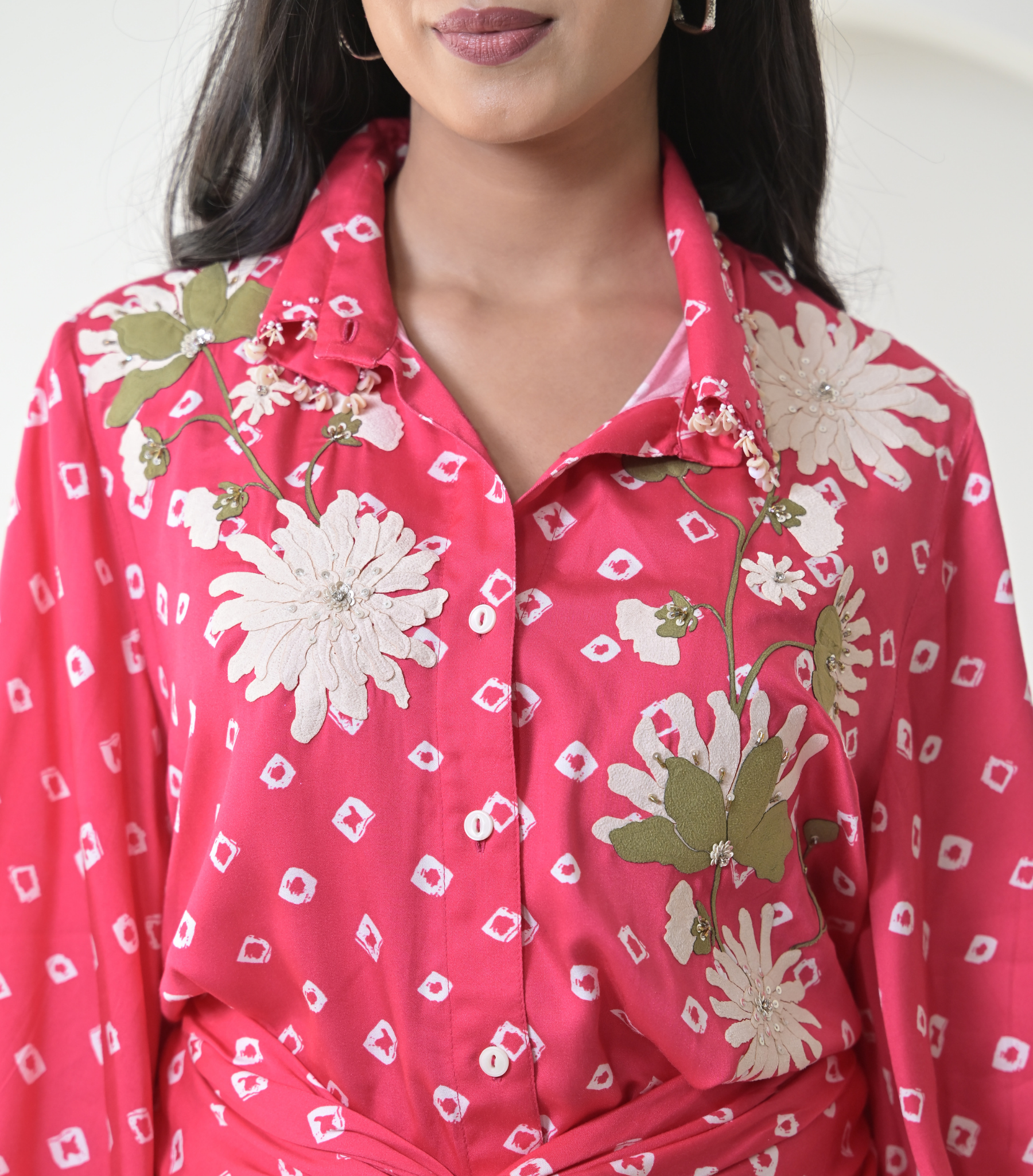 FLORET BANDHANI COLLAR WORK SHIRT WITH KNOT SKIRT SET
