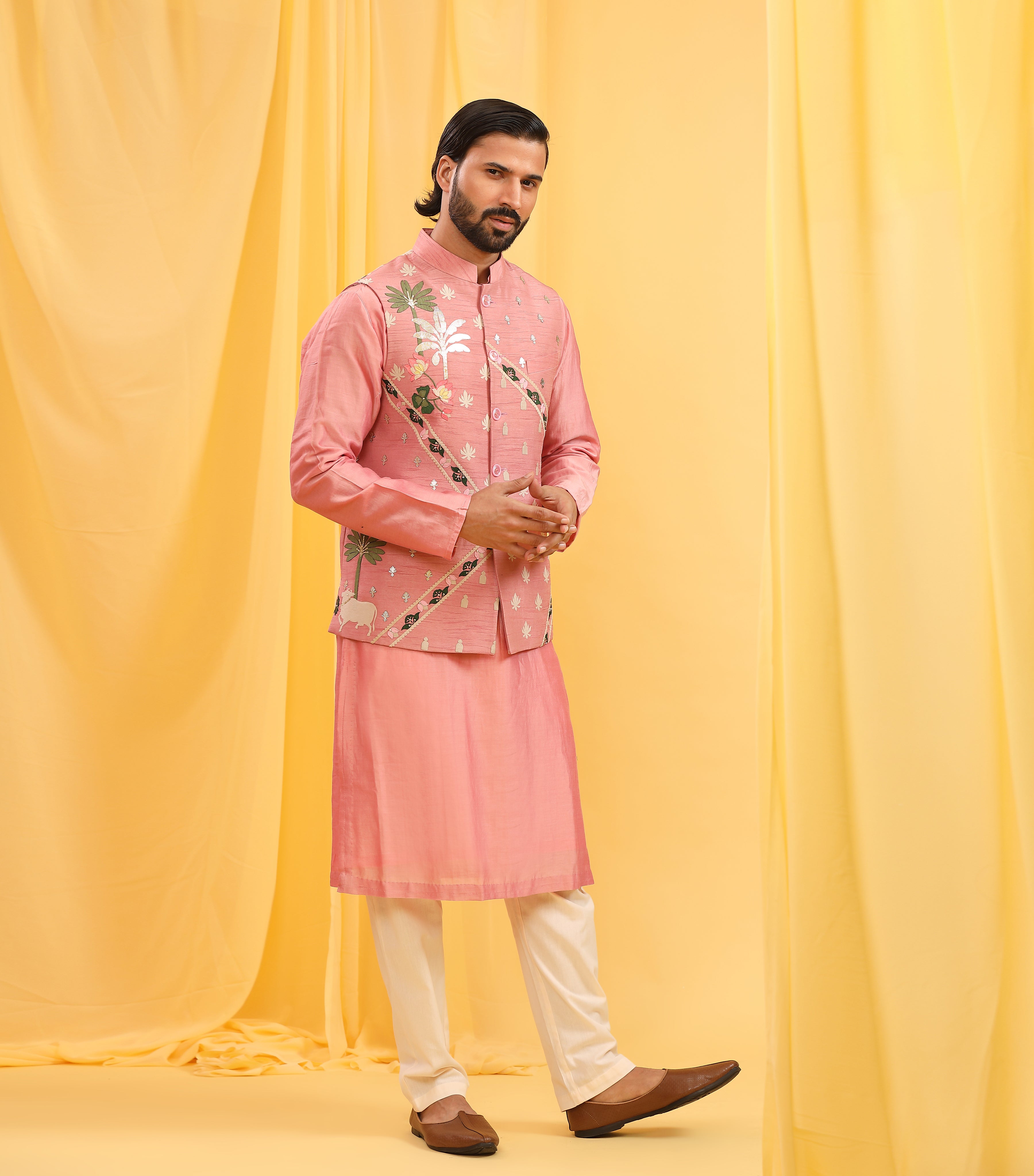 PICHWAI MULTICOLOUR POWDER PINK BUNDI SET