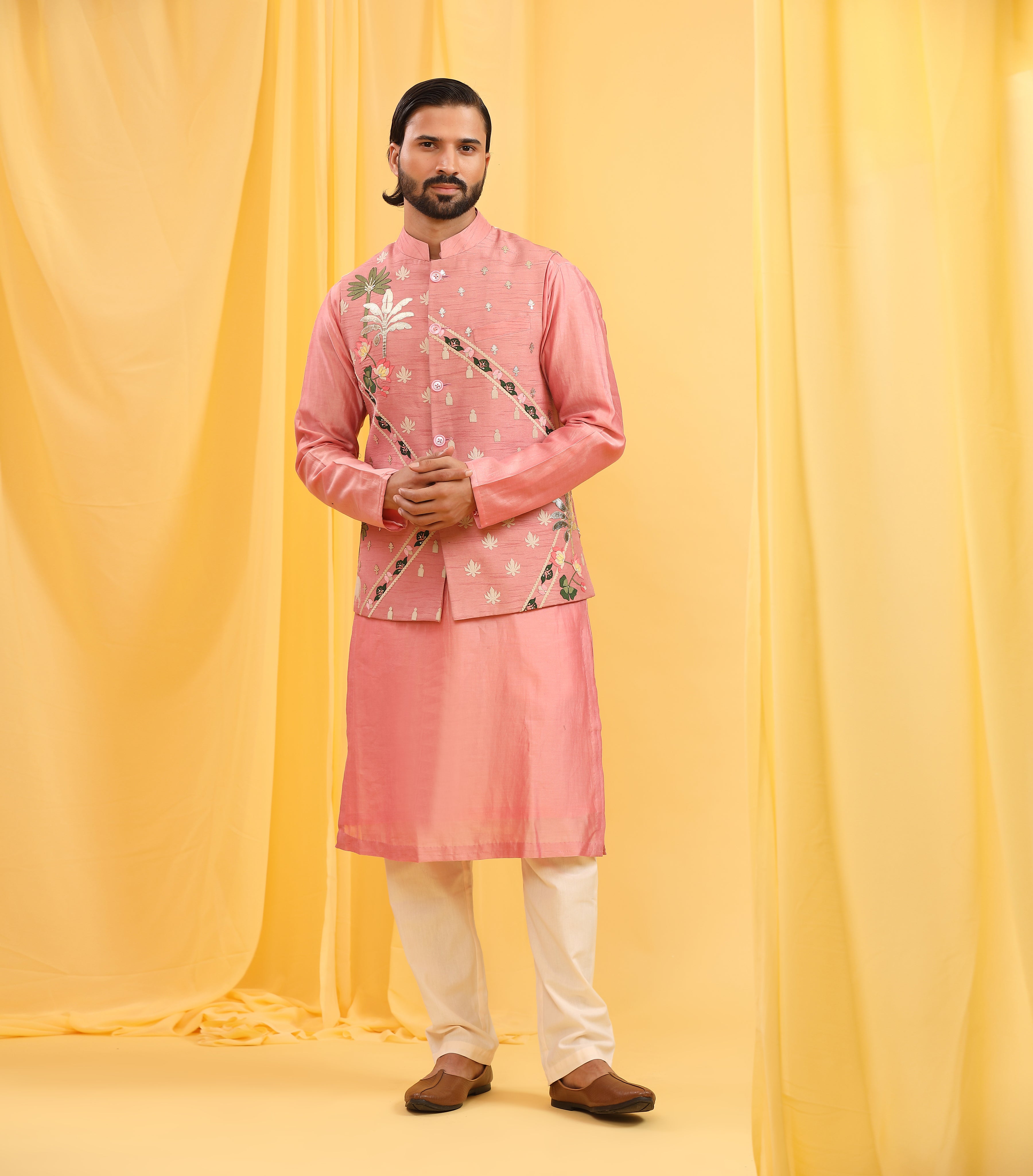 PICHWAI MULTICOLOUR POWDER PINK BUNDI SET