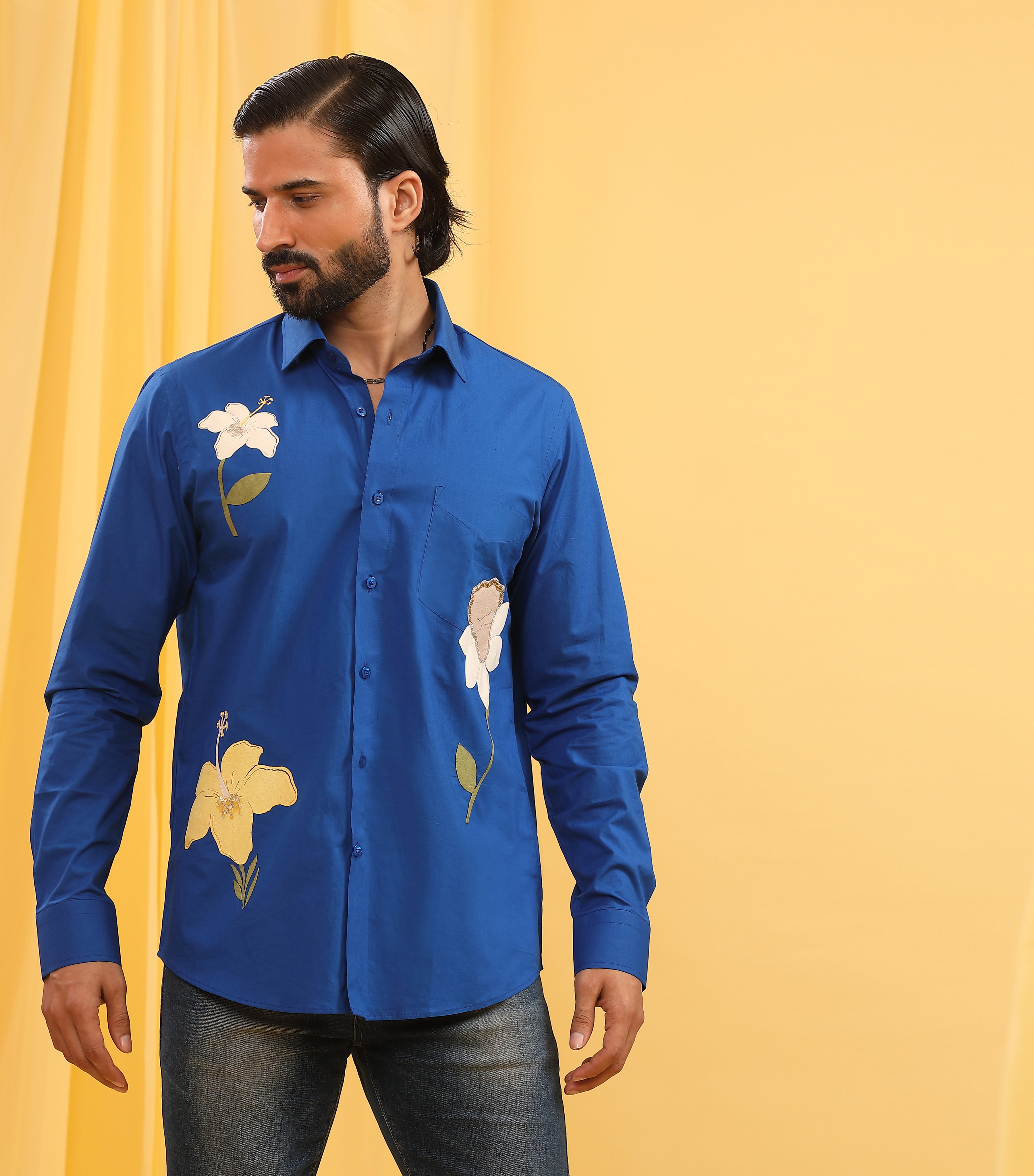 CLASSIC ELECTRIC BLUE SHIRT WITH FLORAL ABSTRACT