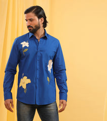 CLASSIC ELECTRIC BLUE SHIRT WITH FLORAL ABSTRACT