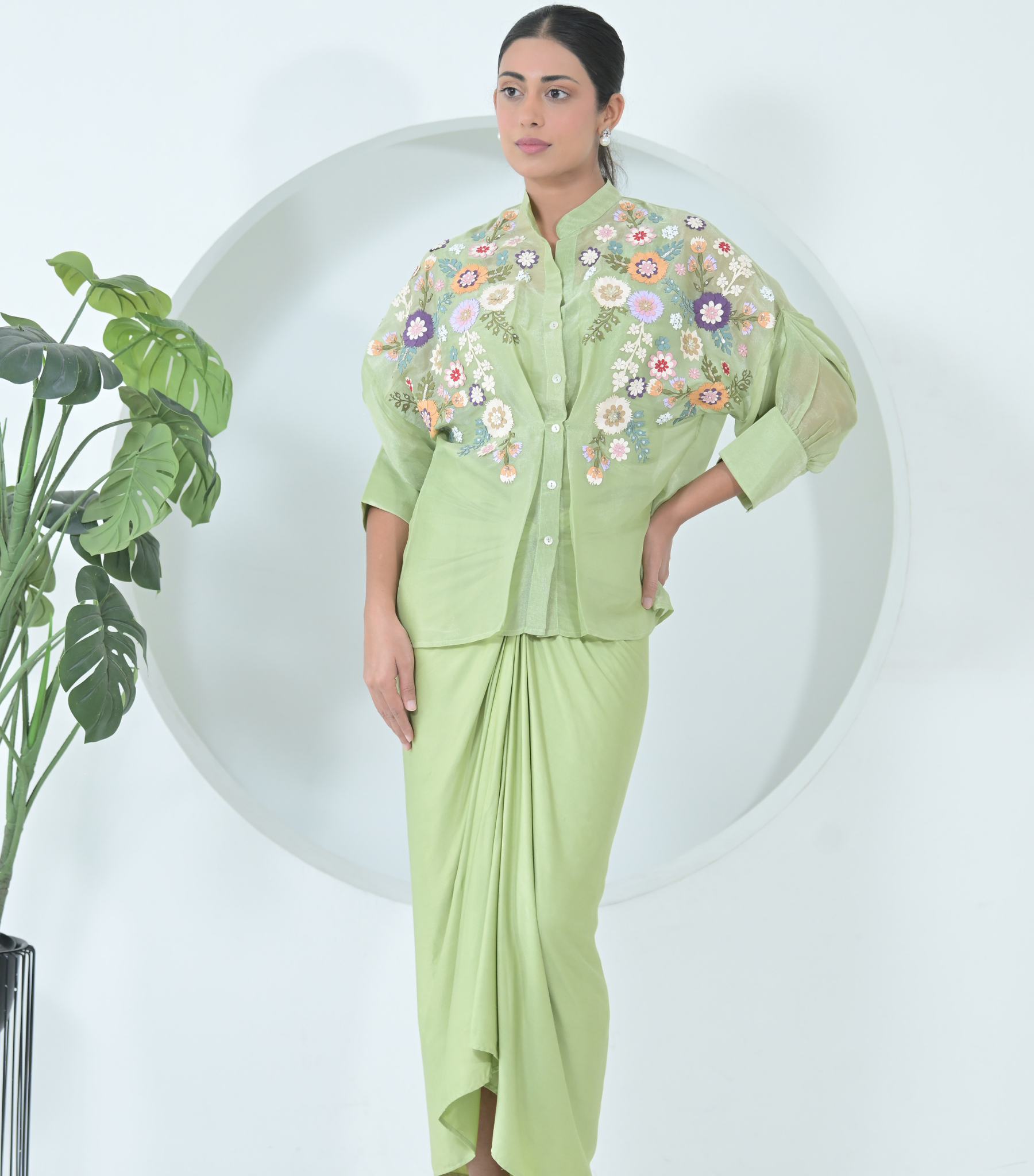 LIME GREEN FLORIUM SHIRT WITH KNOT SKIRT SET