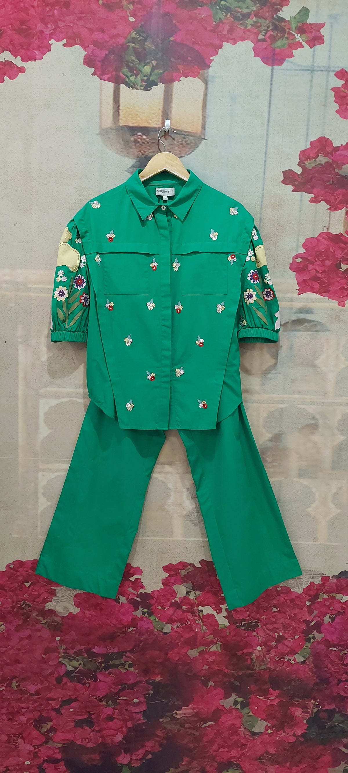 BOTANICAL BIG FLOWER EMBROIDERY CO-ORD SET WITH STITCHLINE PANT