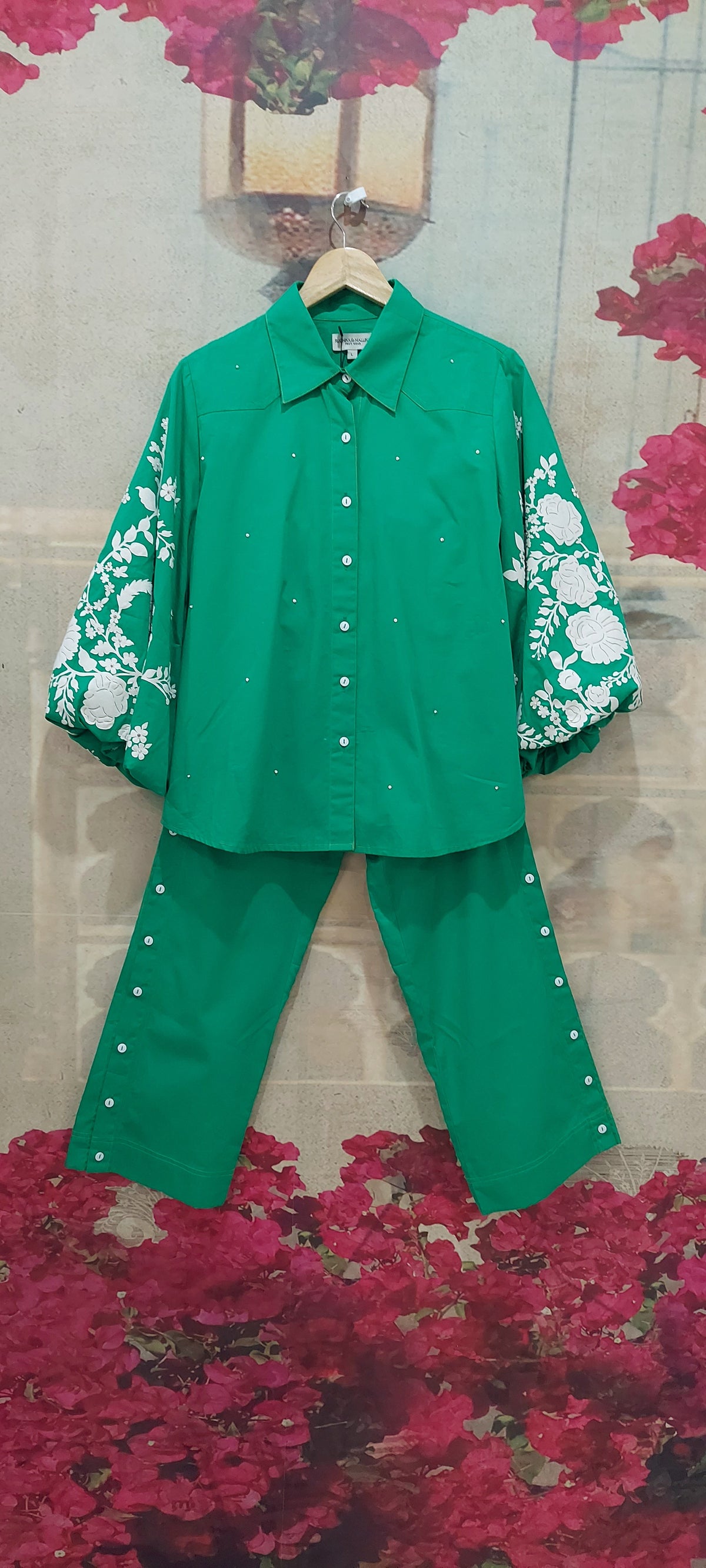 IVORY ROSE EMBROIDERY CO-ORD SET WITH SEQUINS AND BUTTONED PANTS