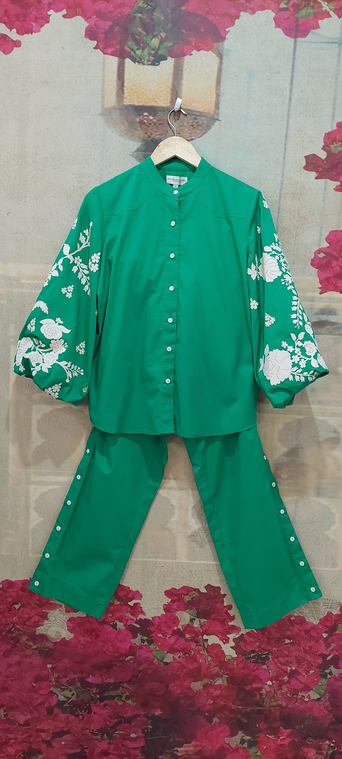 IVORY ROSE EMBROIDERY CO-ORD SET WITH CHINESE COLLAR AND BUTTONED PANTS