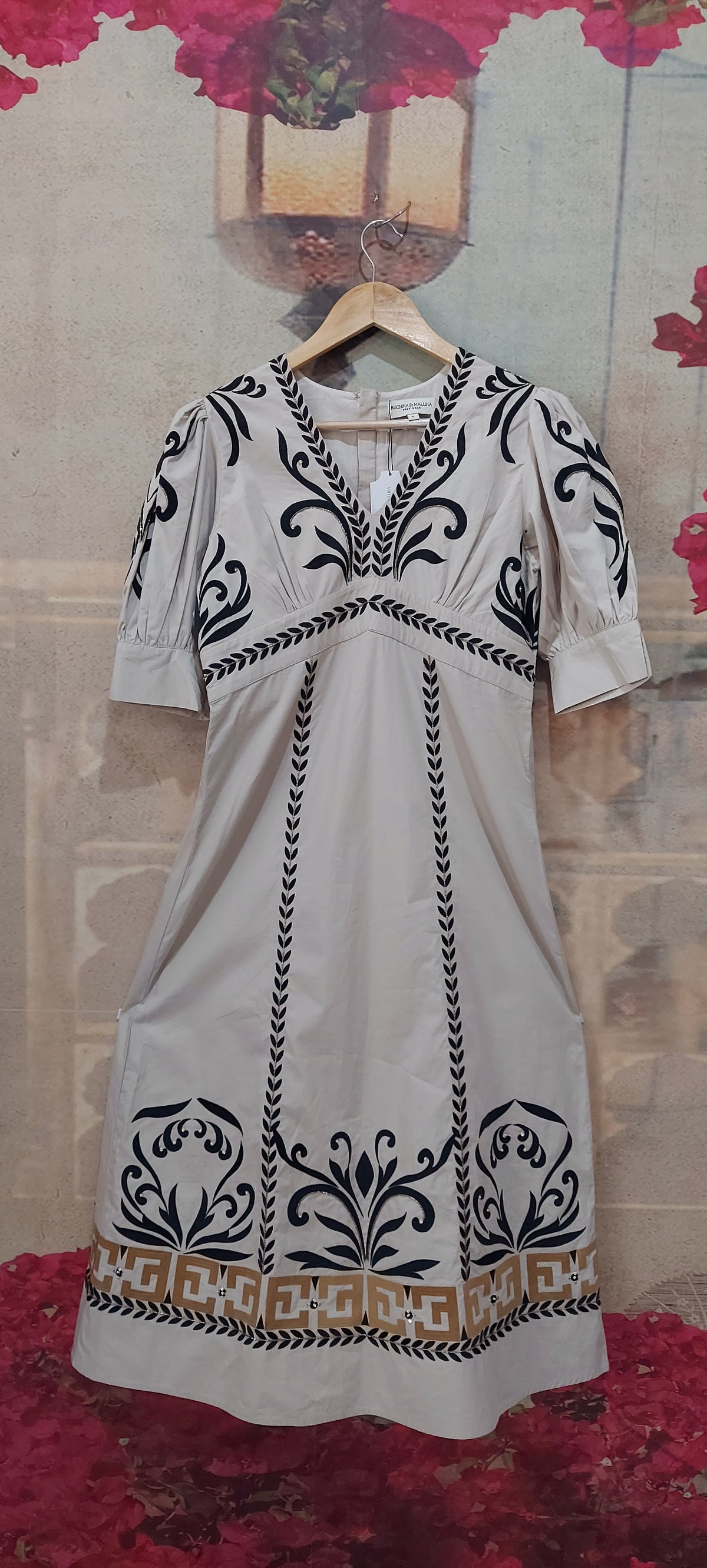 BEIGE MIDNIGHT MOSAIC FLARED DRESS