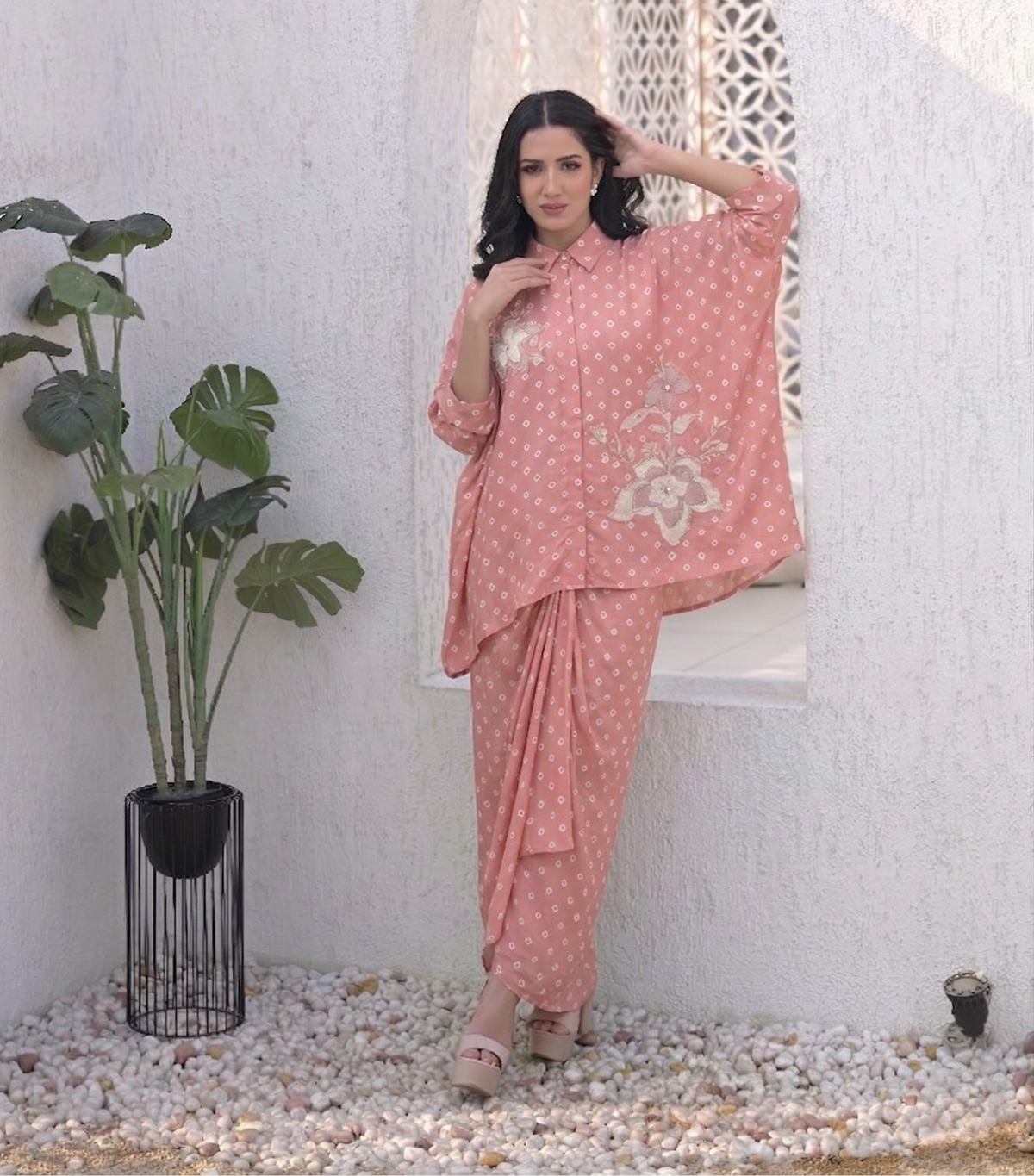 LAYERED FLOWER BOOTA KAFTAN & KNOT SKIRT BANDHANI SET