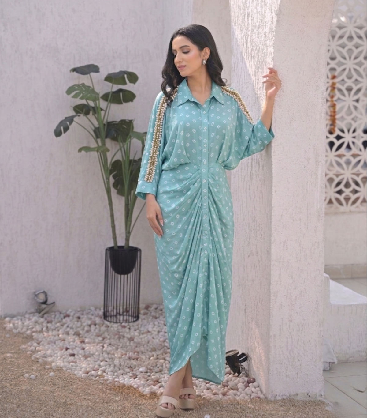 SERAPHINE EMBELLISHED BANDHANI GATHERED DRESS