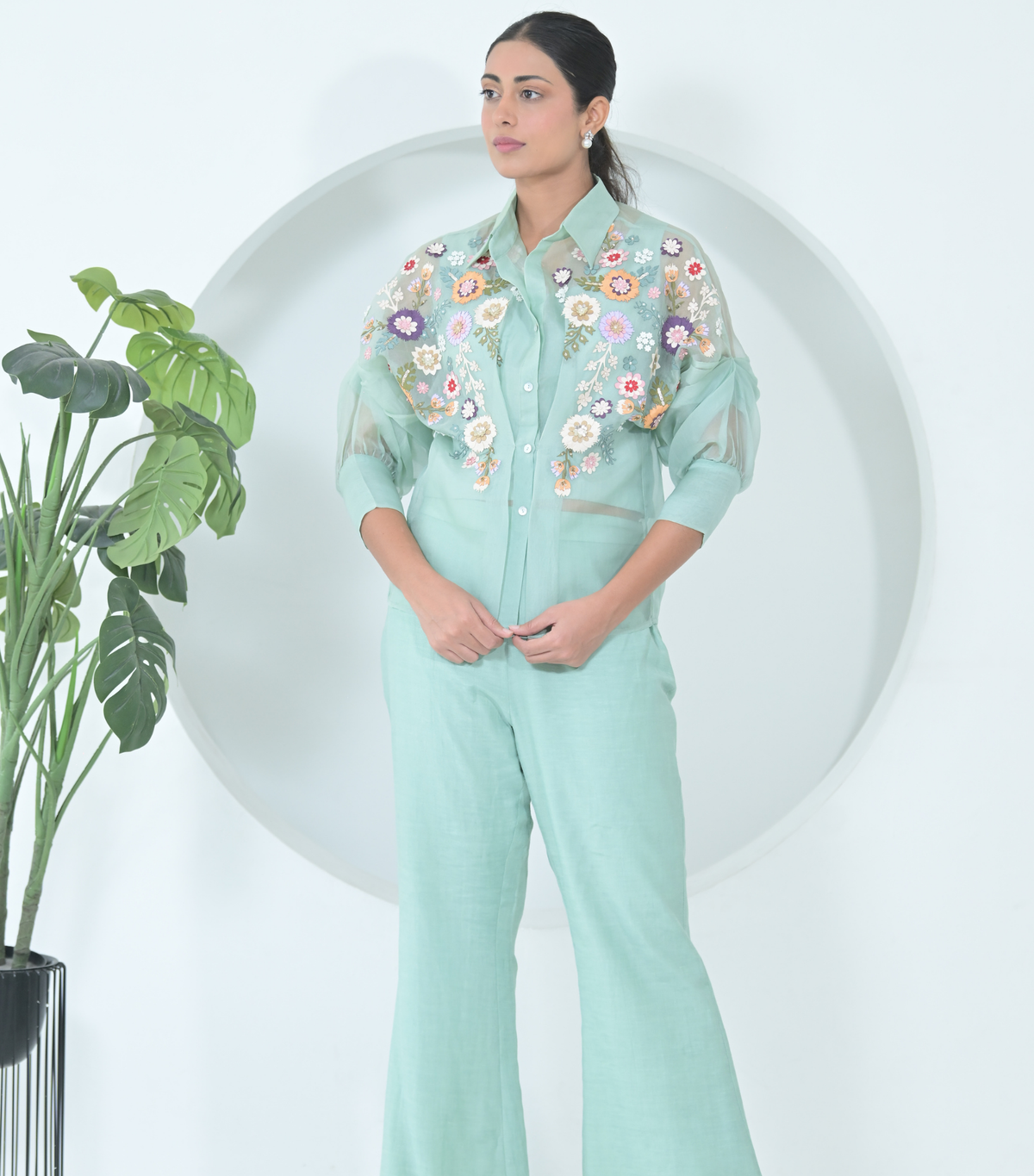 SEA BLUE FLORIUM SHIRT WITH PANT SET