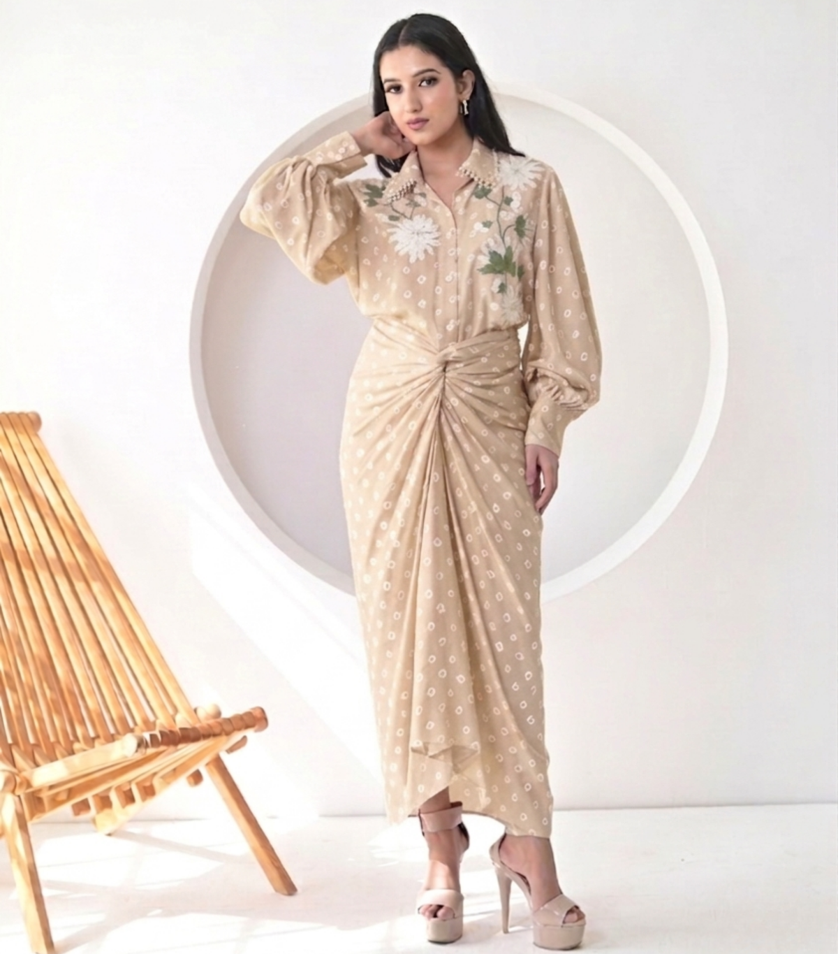 FLORET BANDHANI COLLAR WORK SHIRT WITH KNOT SKIRT SET