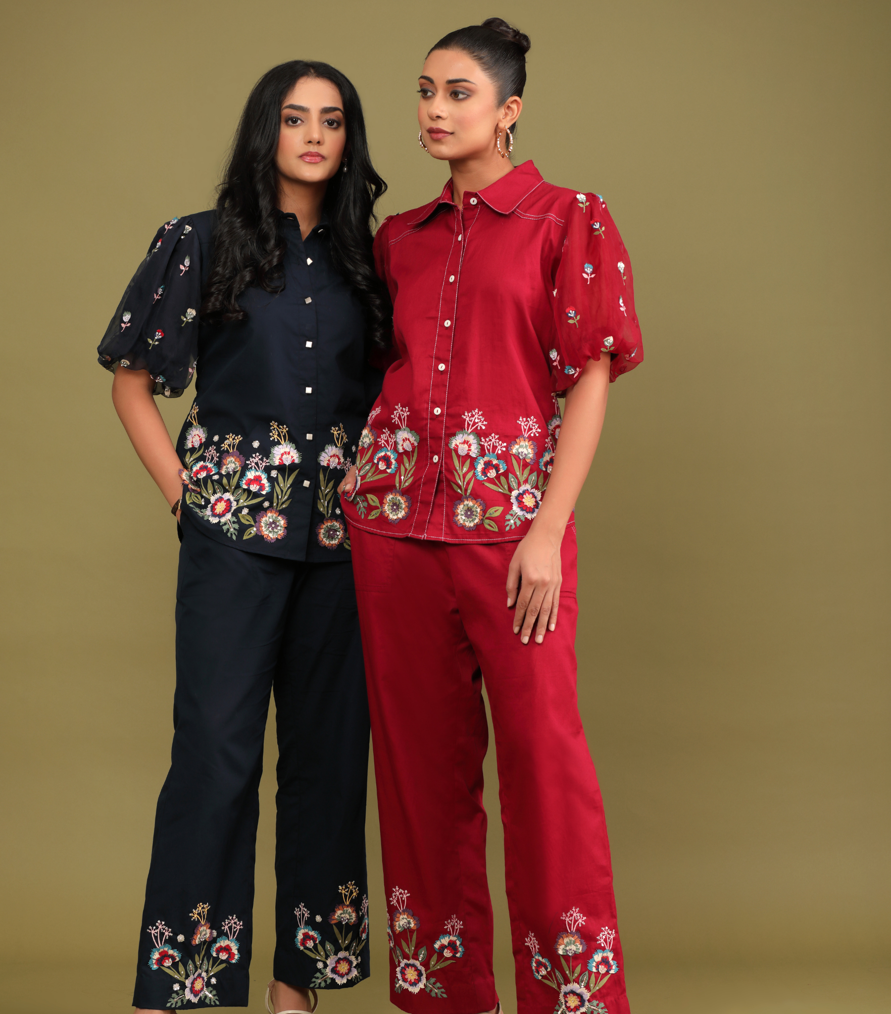 PHOOLWARI NAVY MEADOW BALLOON SLEEVE CO-ORD SET
