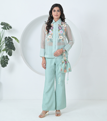 SEA BLUE PHOOL-PATTI ORGANZA SHIRT COORD SET
