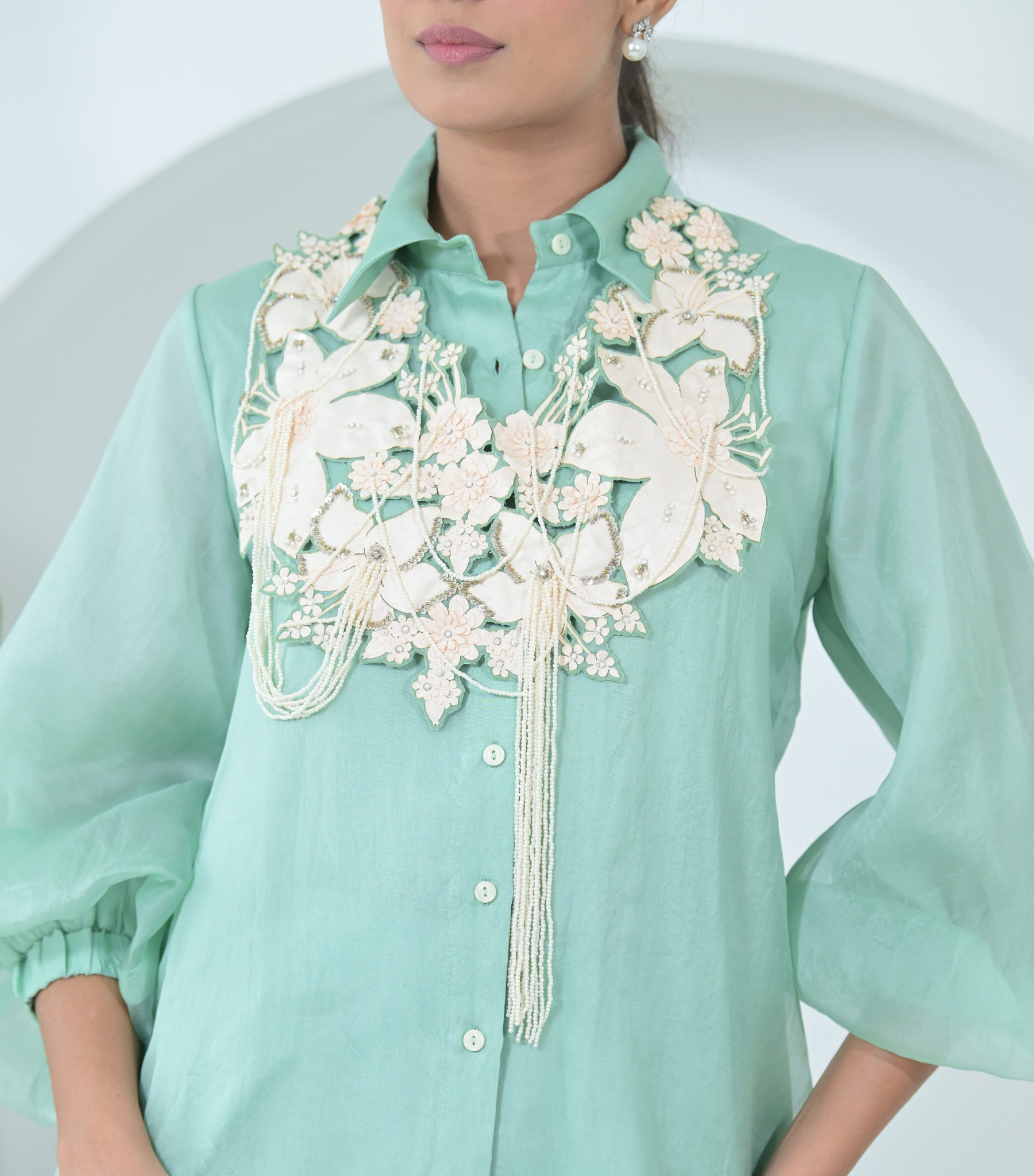 IVORY GARDEN TASSELS NECKPIECE WITH ORGANZA SHIRT COORD SET
