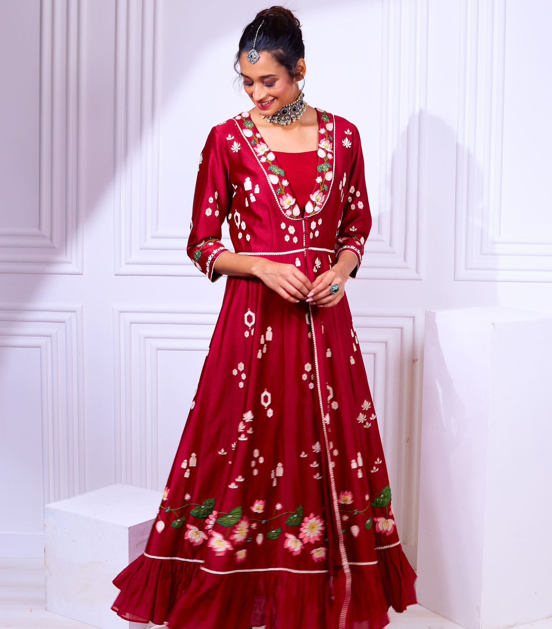 RED PICHWAI ANARKALI GOWN