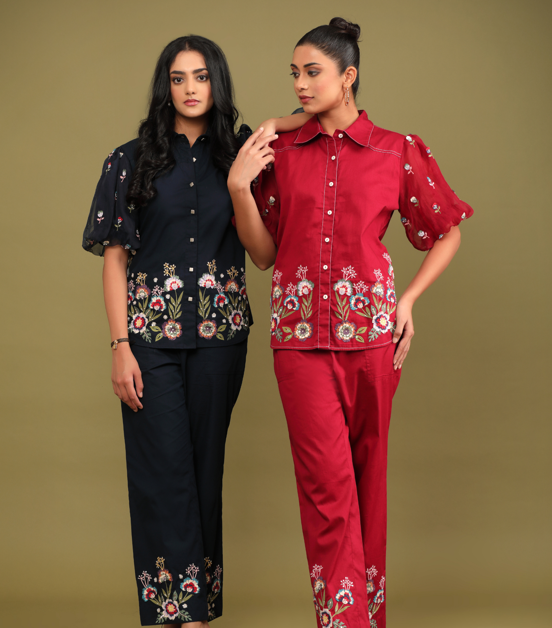 PHOOLWARI NAVY MEADOW BALLOON SLEEVE CO-ORD SET