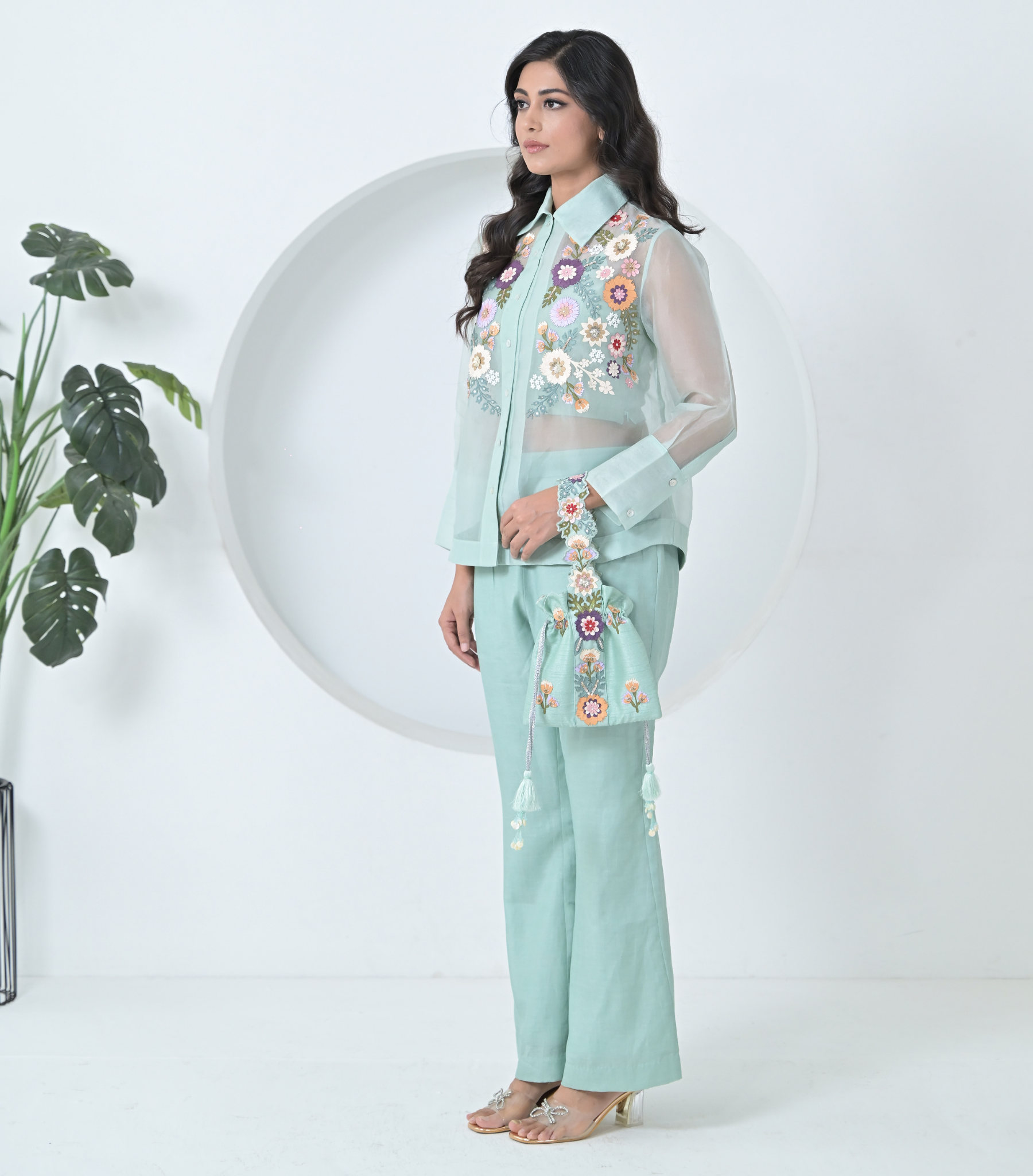 SEA BLUE PHOOL-PATTI ORGANZA SHIRT COORD SET