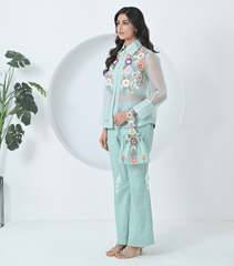 SEA BLUE PHOOL-PATTI ORGANZA SHIRT COORD SET