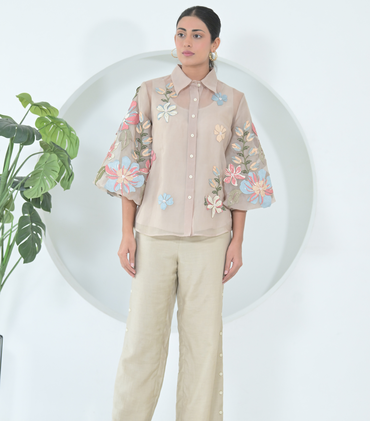 DUPION BIG FLOWER ORGANZA SHIRT COORD SET
