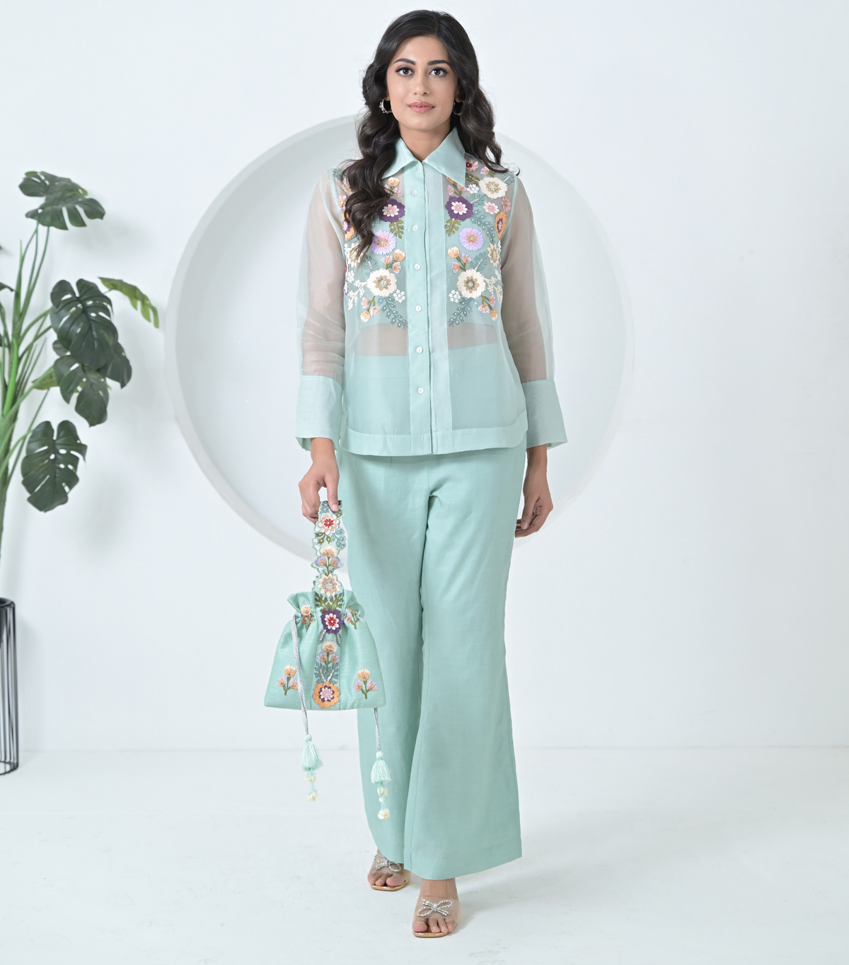 SEA BLUE PHOOL-PATTI ORGANZA SHIRT COORD SET