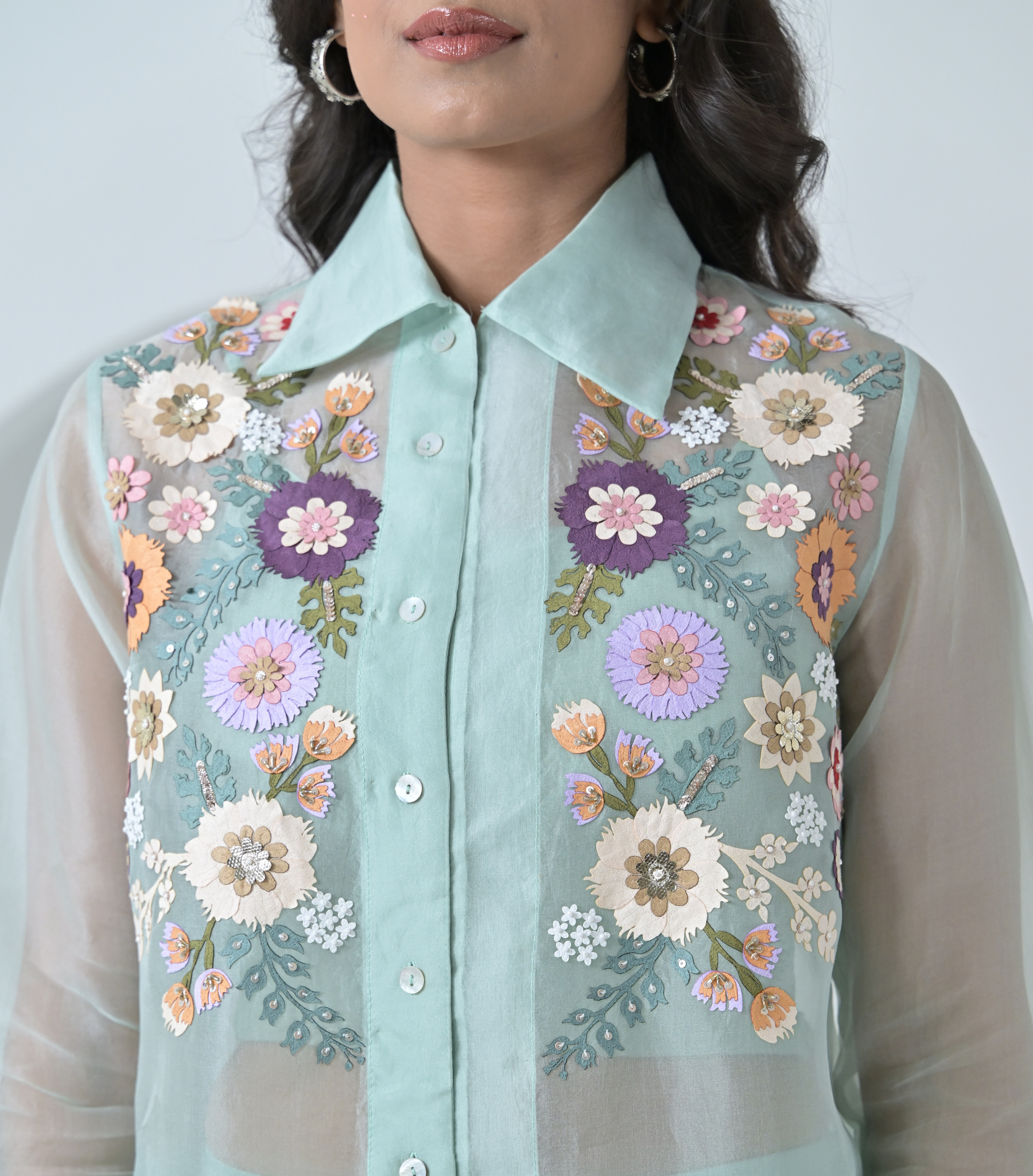 SEA BLUE PHOOL-PATTI ORGANZA SHIRT COORD SET