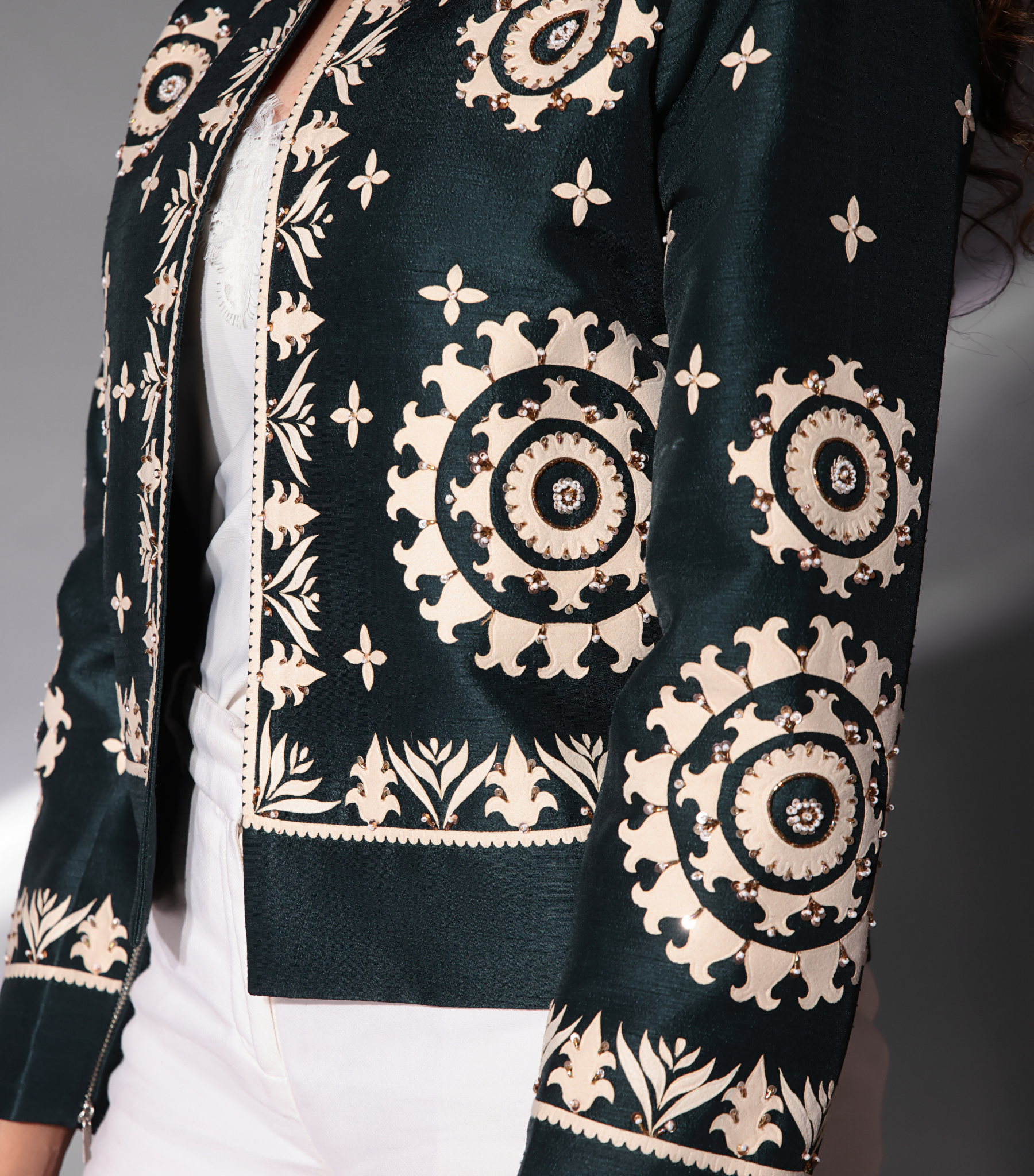 WHITE GEOMETRIC TURKISH TEAL EMBROIDERY JACKET