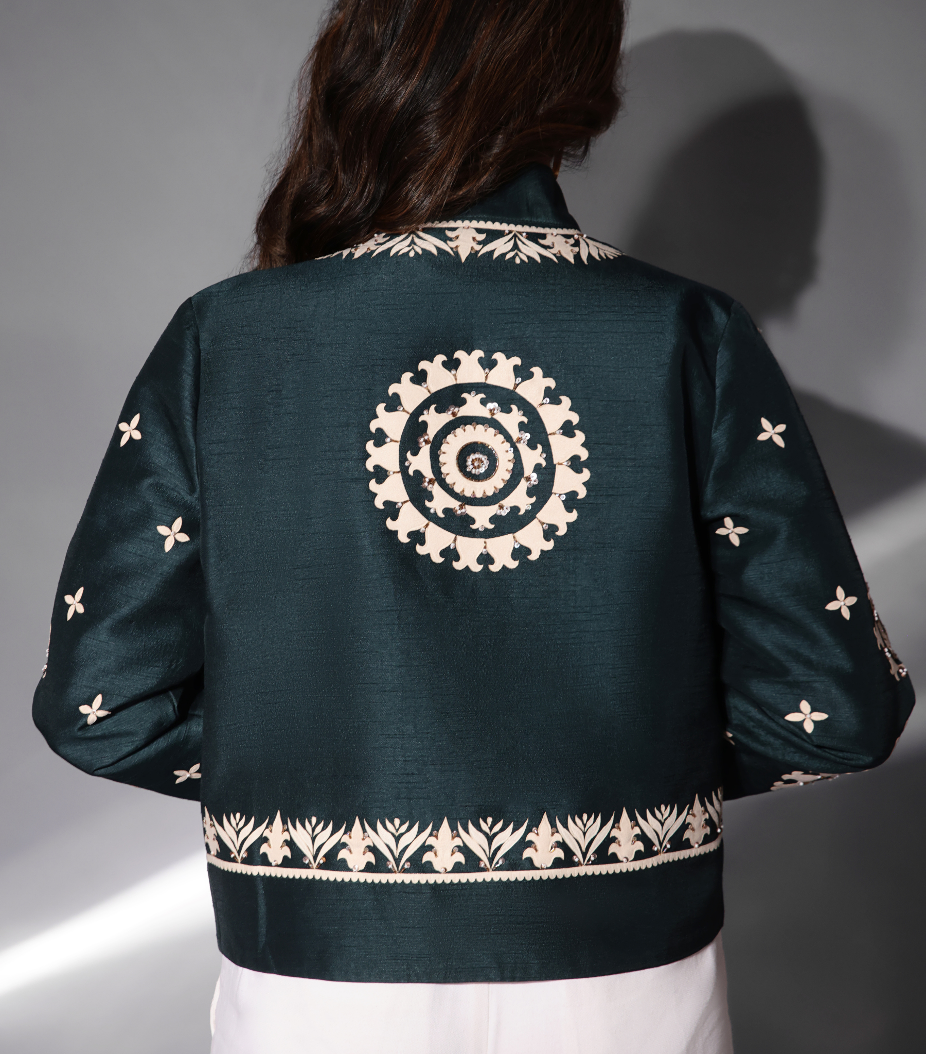 WHITE GEOMETRIC TURKISH TEAL EMBROIDERY JACKET