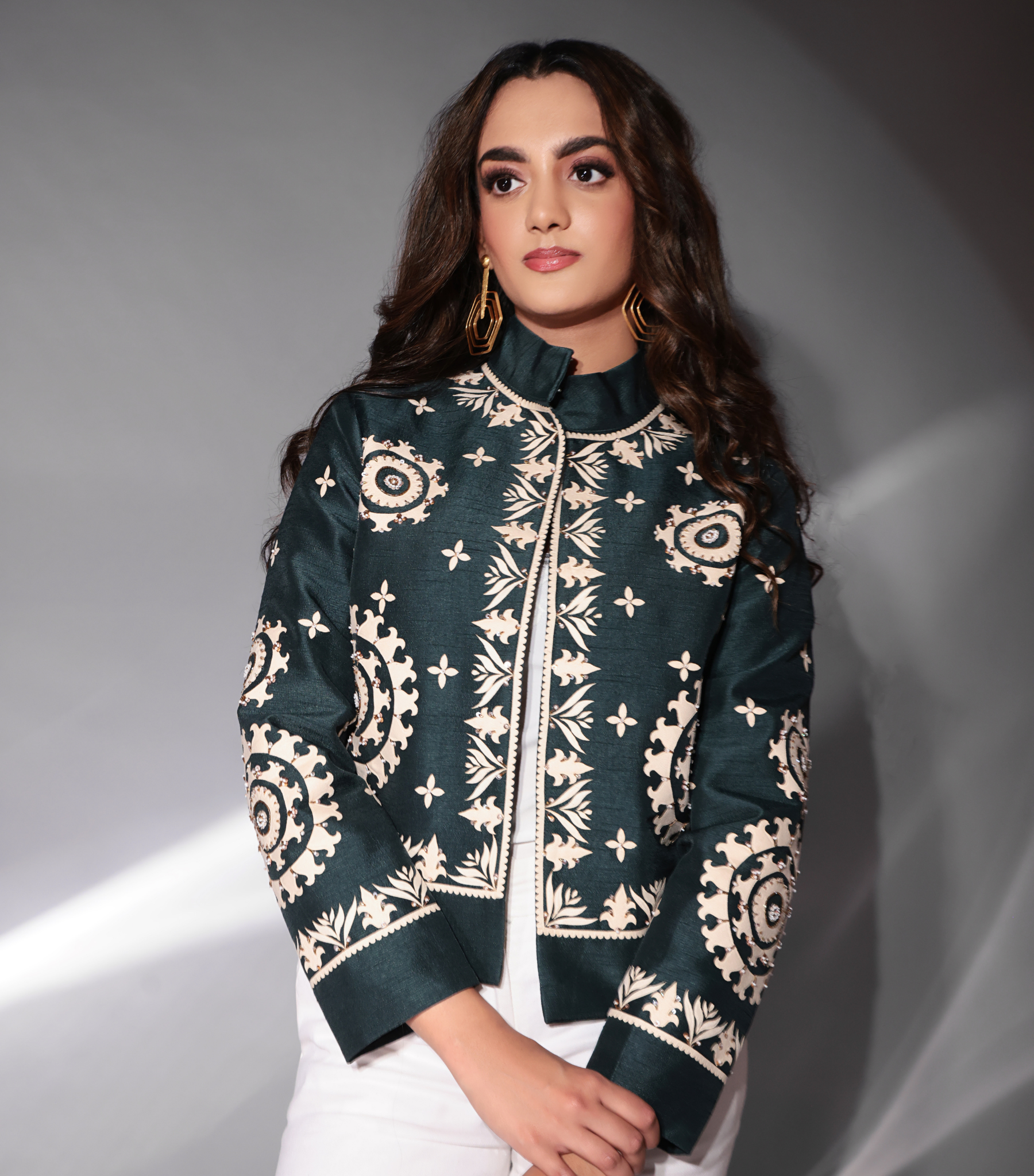 WHITE GEOMETRIC TURKISH TEAL EMBROIDERY JACKET