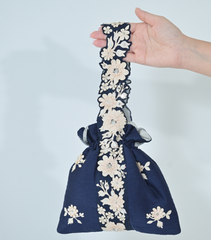 IVORY PHOOL-PATTI POTLI BAG – NAVY LINEN