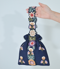 PHOOL-PATTI POTLI BAG – NAVY LINEN