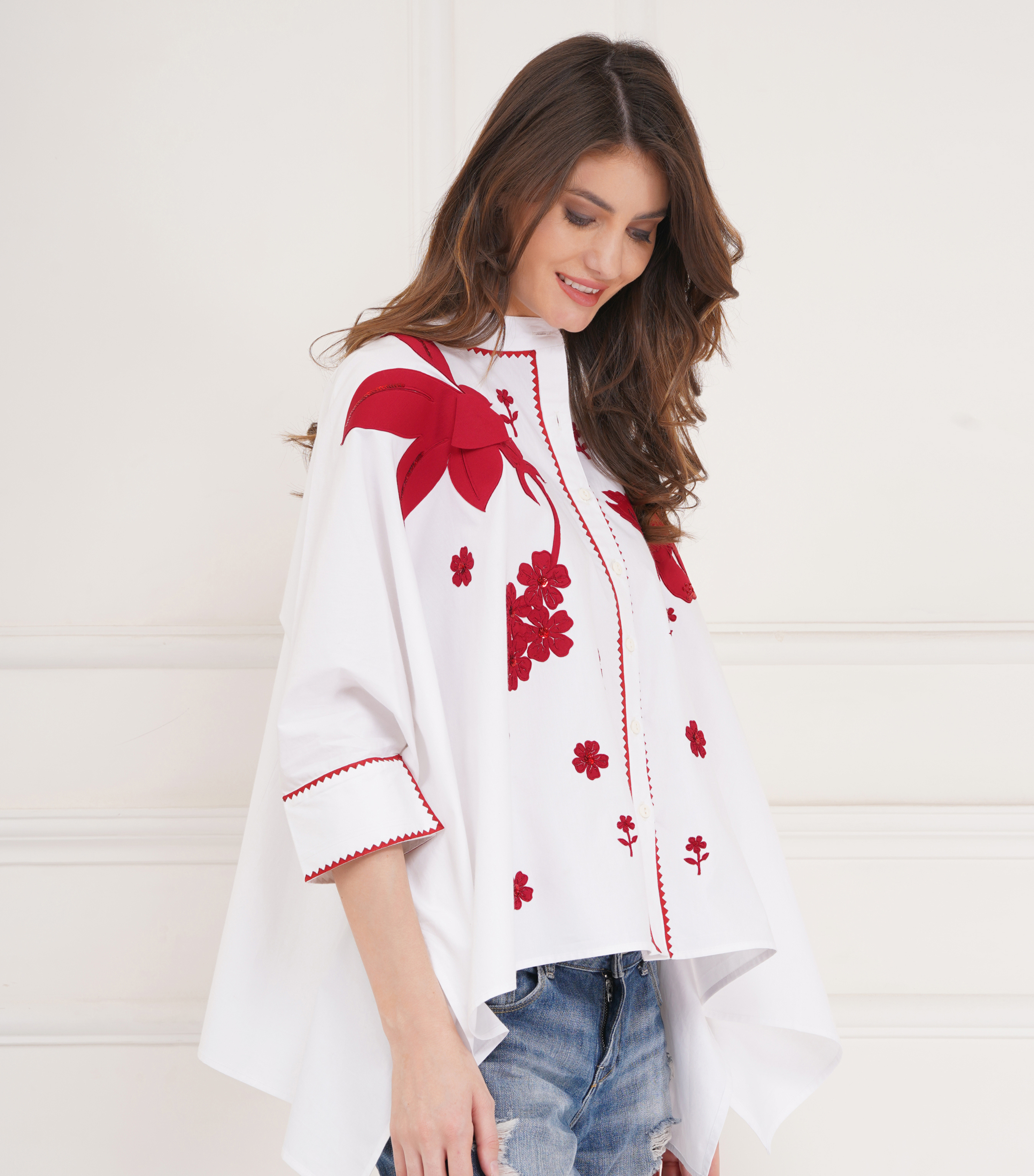 KAFTAN SHIRT WITH RED HIBISCUS FLOWERS
