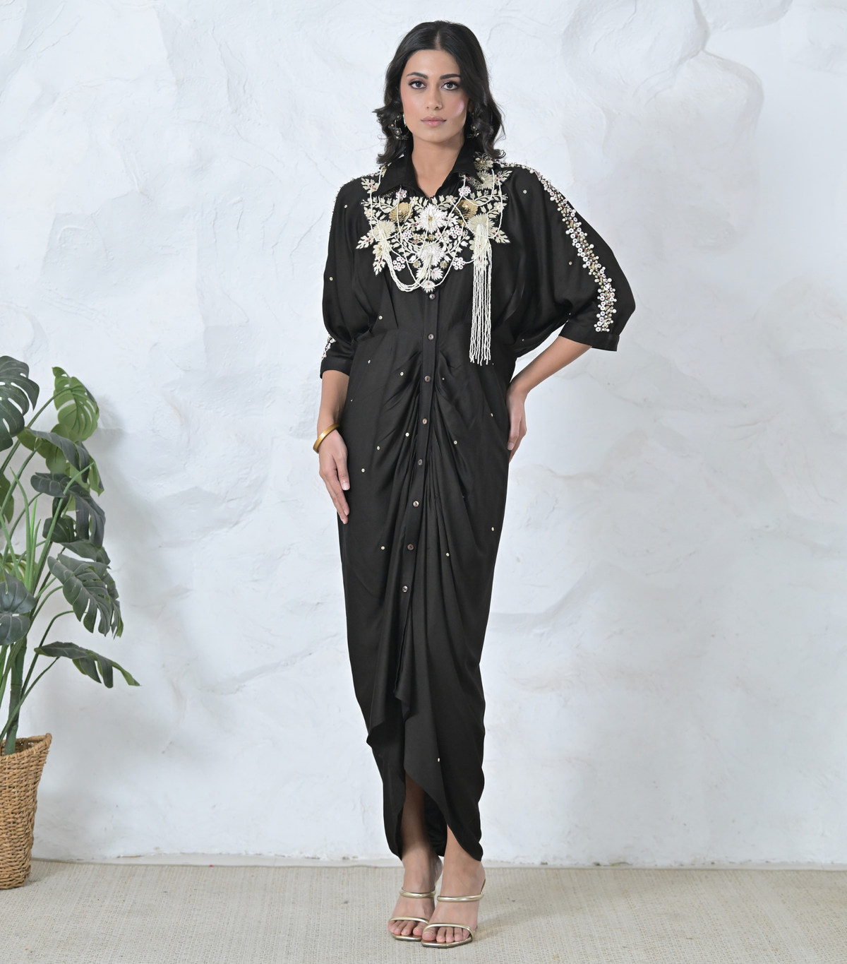 GOLD FLORAL SERAPHINE GATHERED DRESS