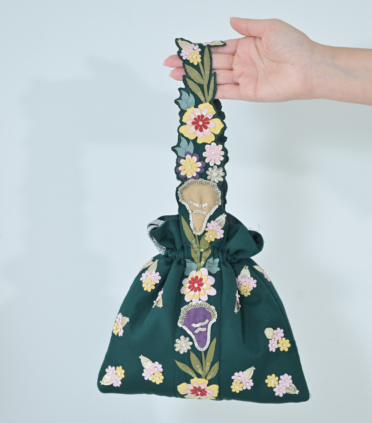BOTANICAL SMALL FLOWER POTLI BAG – TEAL CHANDERI