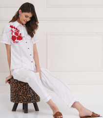 WHITE ROSE EMBROIDERY SHORT SLEEVE COORD SET