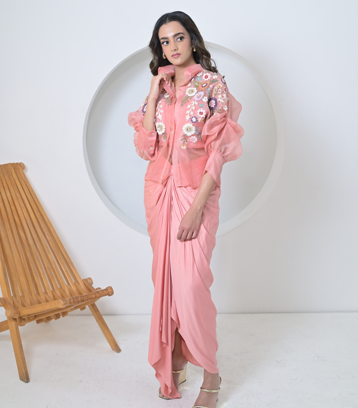 BLUSH FLORIUM SHIRT WITH PLEATED SKIRT SET