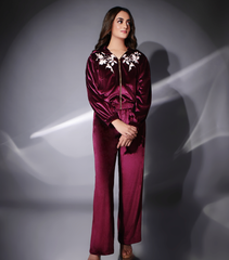 MADHUBALA CLARET VELOUR HOODIE TRACK SET