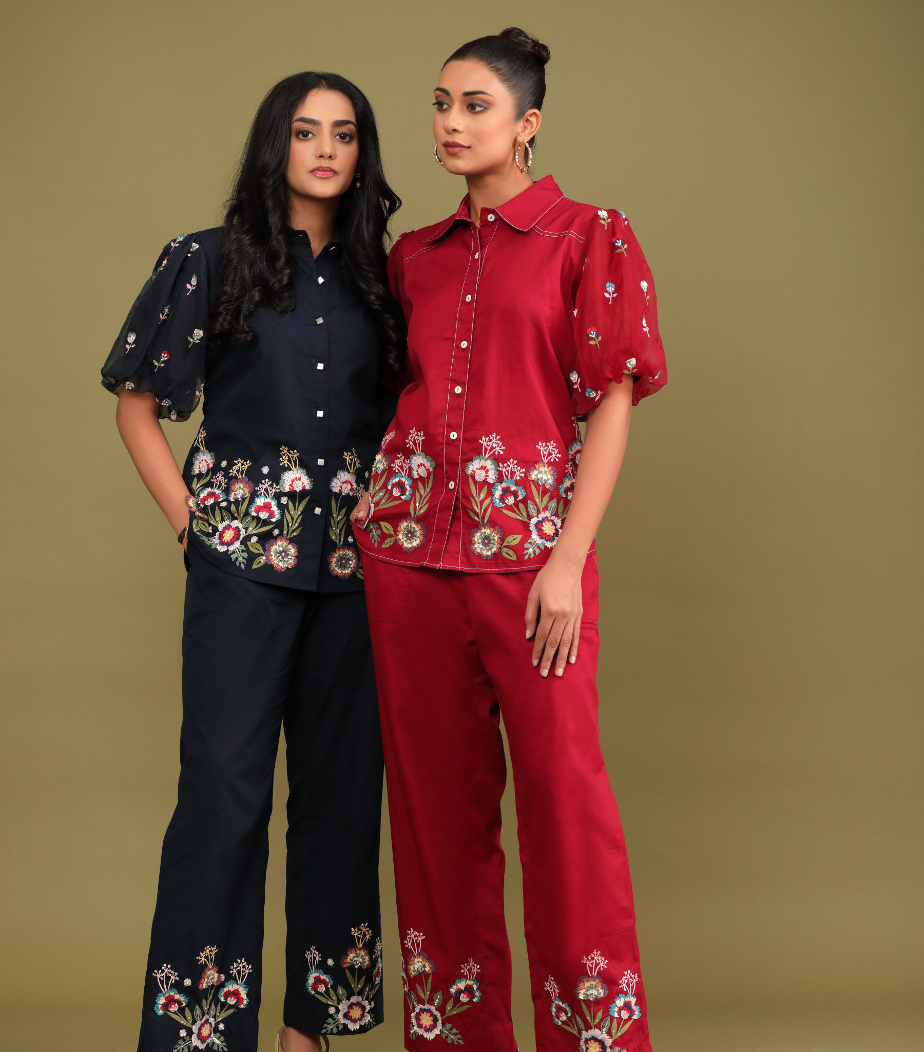 PHOOLWARI RED MEADOW BALLOON SLEEVE CO-ORD SET