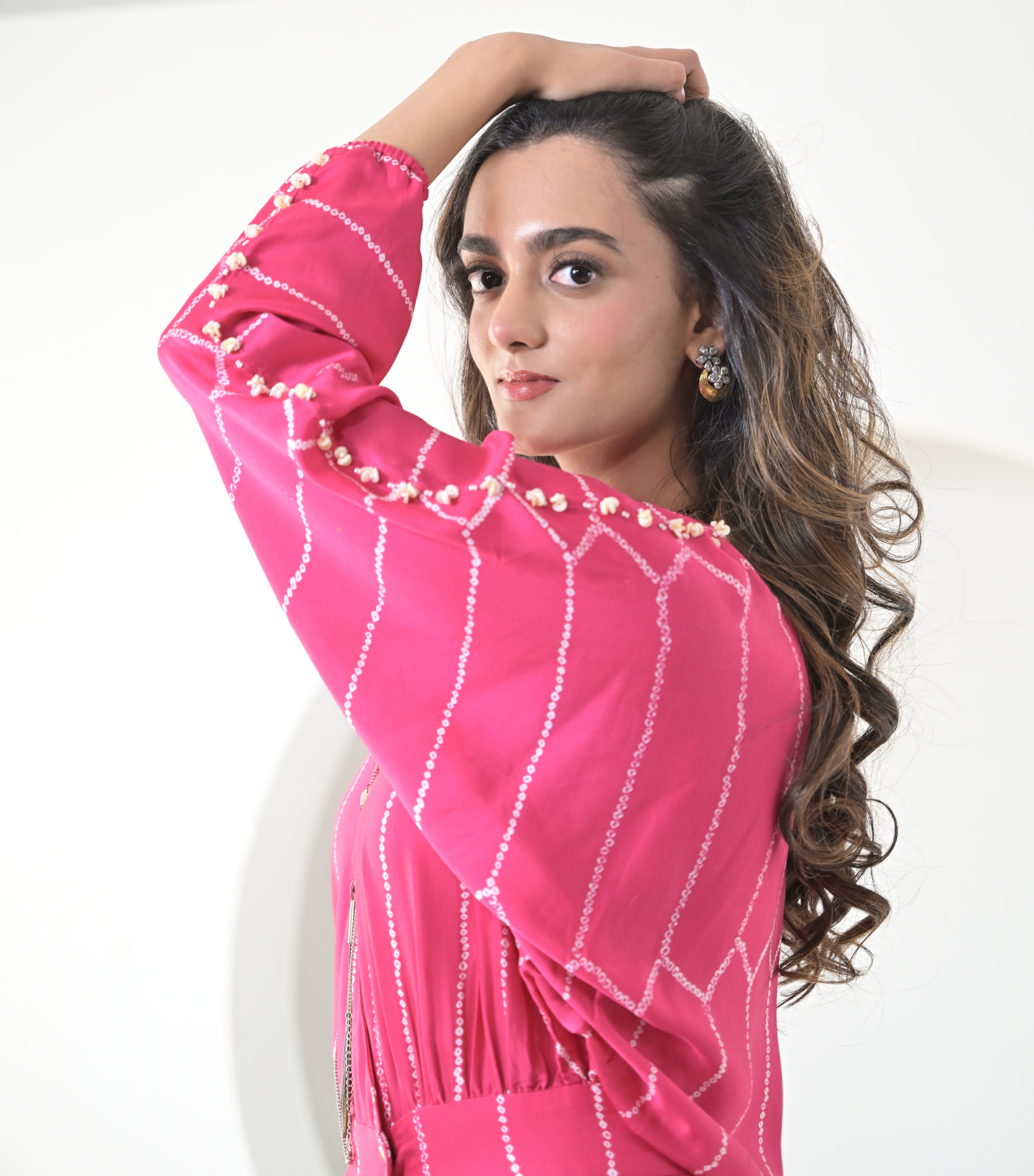 RADIANT ROSE BANDHANI DRAPE DRESS WITH HANDWORK