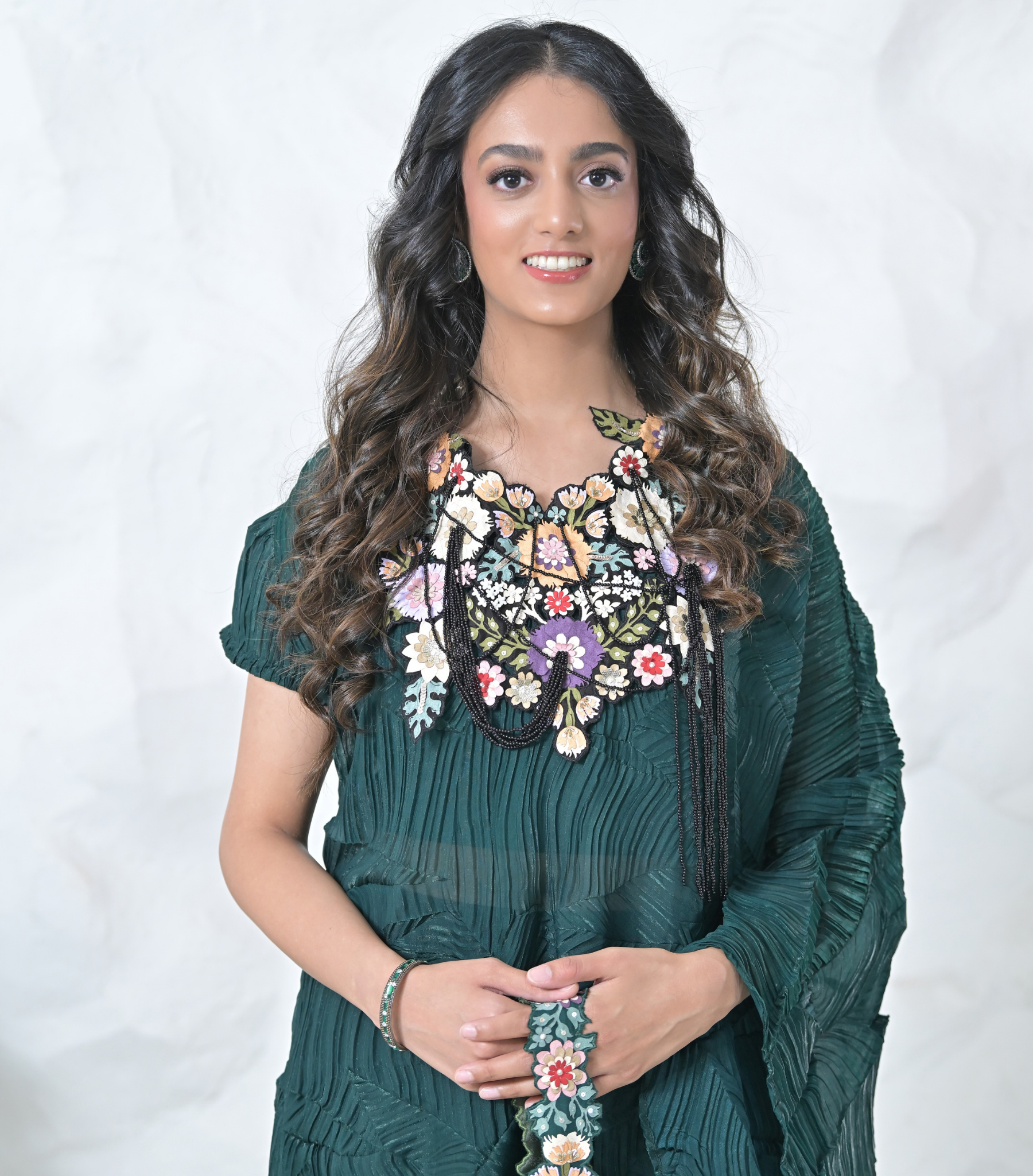 PHOOL-PATTI TASSELS NECKPIECE LIGHT TEAL CRINKLED CAPE SET