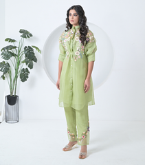 LIME GREEN PHOOL-PATTI TUNIC SET WITH EMBROIDERED PANTS