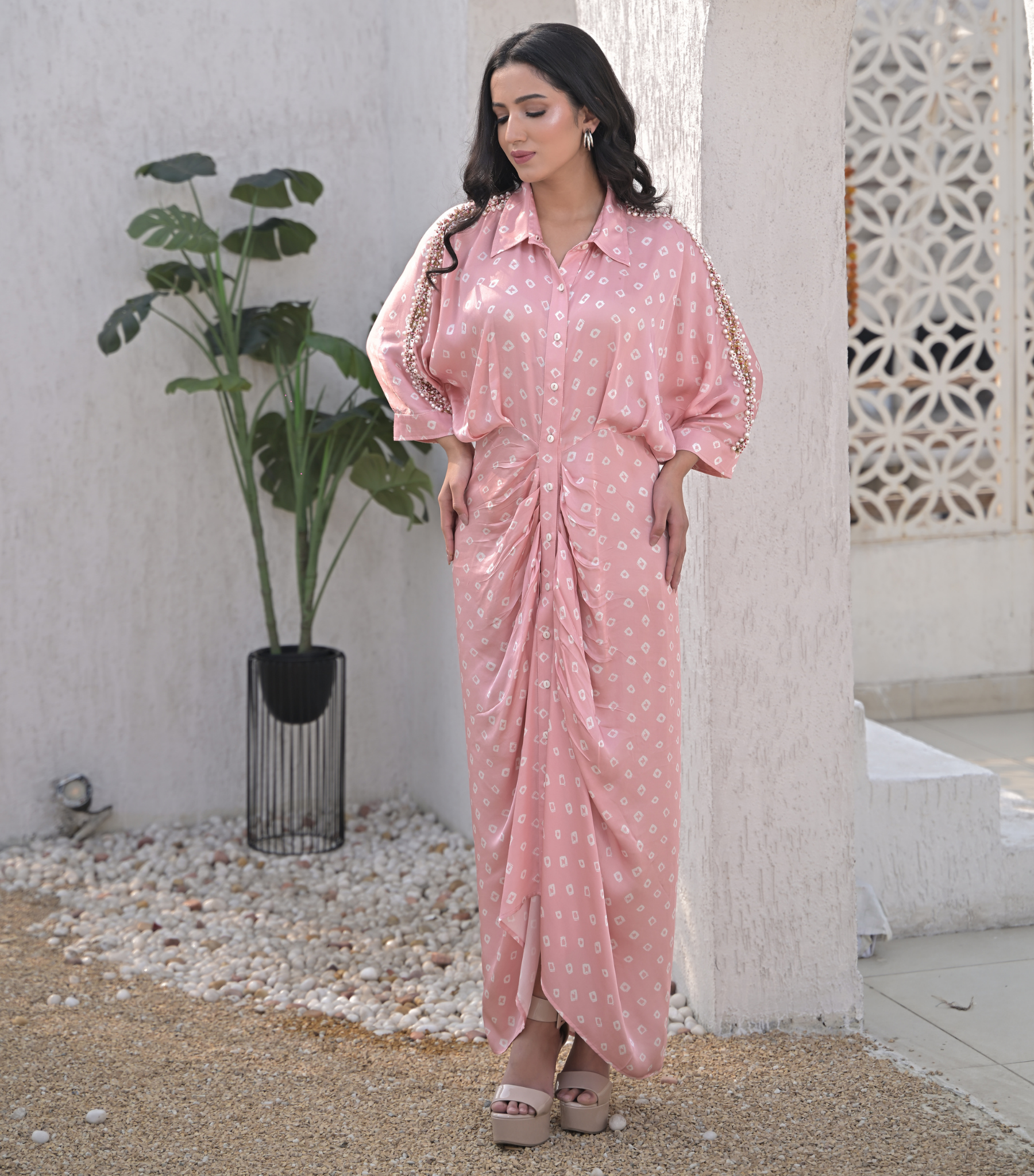 SERAPHINE EMBELLISHED BANDHANI GATHERED DRESS
