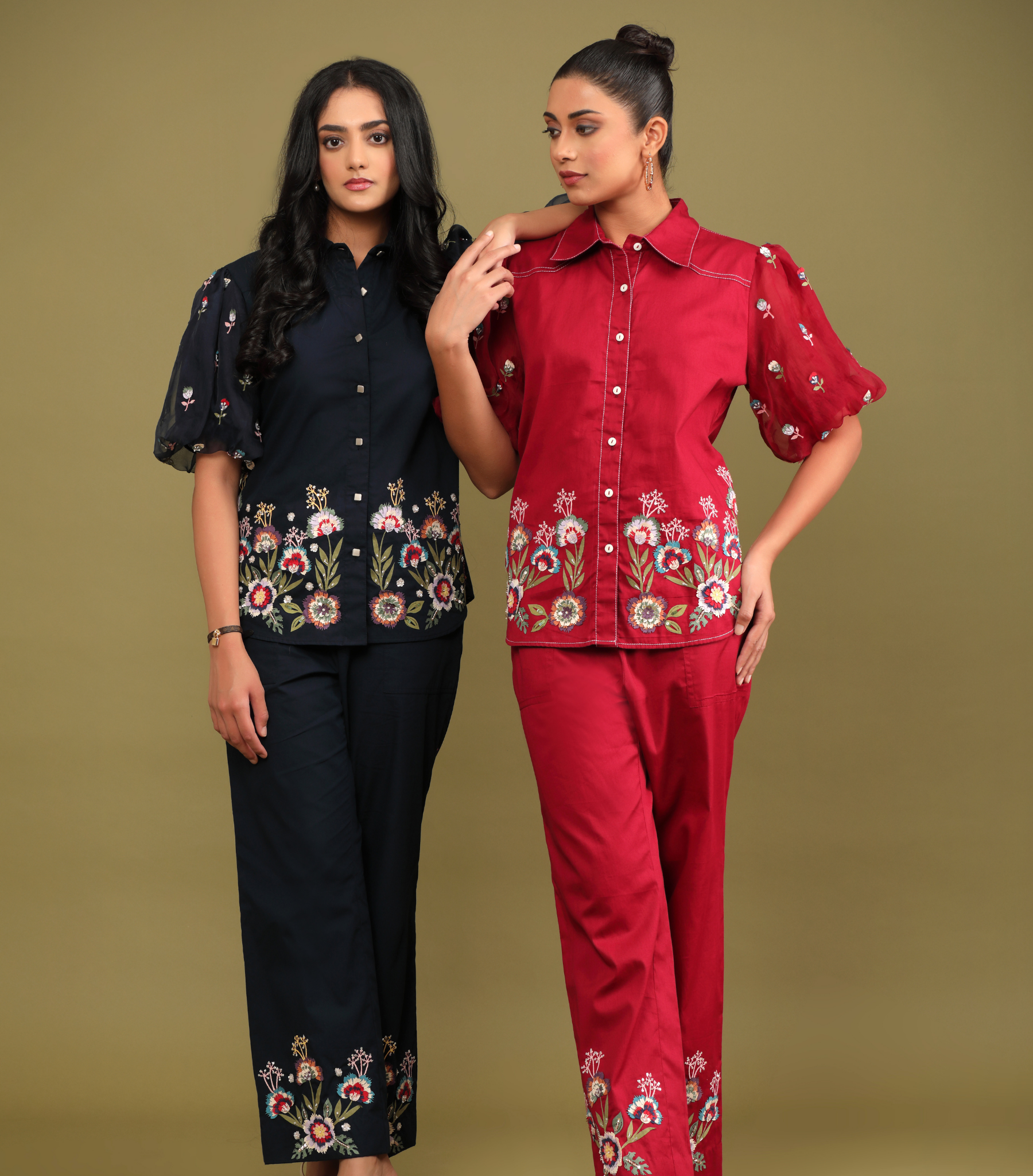 PHOOLWARI RED MEADOW BALLOON SLEEVE CO-ORD SET