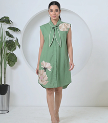 VELVET BIG FLOWERS TIE-UP SLEEVELESS DRESS