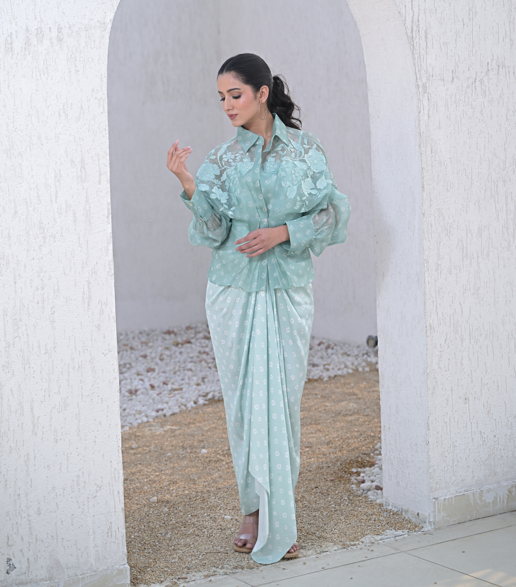 FLORIS BANDHANI SHIRT WITH PLEATED SKIRT SET